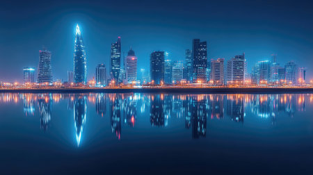 The modern skyline of Manama at night, with Bahrain Bay in the foreground reflecting the illuminated buildings.の素材