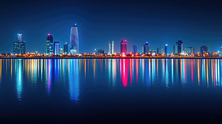 The glittering lights of Manama, Bahrain, seen at night across Bahrain Bay, with reflections shimmering on the water's surface.の素材