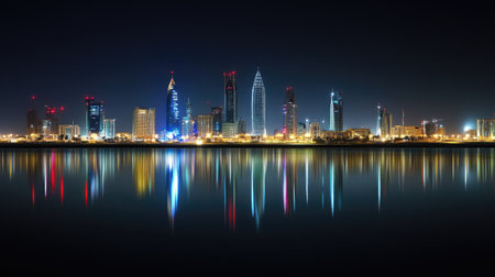 The illuminated city of Manama, Bahrain, seen across Bahrain Bay at night, with reflections creating a stunning visual effect.の素材