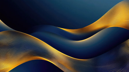 Vector abstract background with luxurious dynamic wavy lines in gold and deep blue, creating an elegant and sophisticated design.の素材