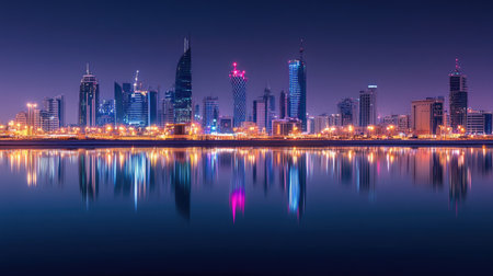 The modern skyline of Manama at night, with Bahrain Bay in the foreground reflecting the illuminated buildings.の素材
