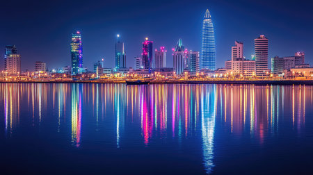 The glittering lights of Manama, Bahrain, seen at night across Bahrain Bay, with reflections shimmering on the water's surface.の素材