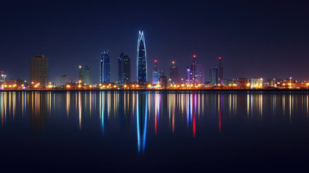 The glittering lights of Manama, Bahrain, seen at night across Bahrain Bay, with reflections shimmering on the water's surface.の素材