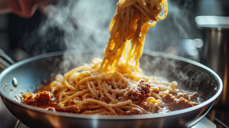 Steamy pasta being tossed in a pan with a rich sauce, Italian kitchen sceneの素材