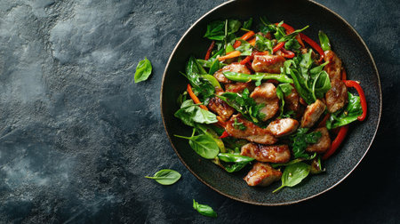 A beautifully plated dish of Thai stir-fried pork with fresh vegetables and vibrant flavors. Perfect for showcasing gourmet Asian cuisine in culinary contexts.の素材