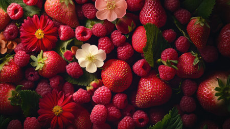 This vibrant arrangement features assorted fruits and flowers, showcasing colorful strawberries and raspberries among lush greenery. Perfect for fresh produce themes.の素材