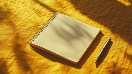A flat, blank lined notebook resting on a vibrant yellow surface. A pen lies beside it, creating a serene scene perfect for writing, planning, or artistic expression.の素材