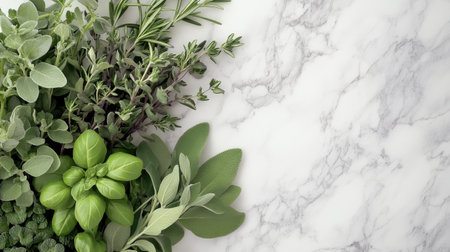 A vibrant top view of assorted fresh herbs including basil, rosemary, and thyme, beautifully arranged on a marble surface for culinary inspiration.の素材