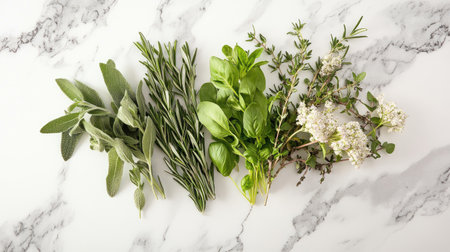 An overhead view of assorted fresh herbs including basil, sage, rosemary, and thyme arranged on a marble surface, perfect for culinary use and decoration.の素材