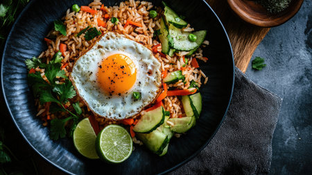 A visually appealing close-up of a plate of fried rice topped with a sunny-side-up egg, fresh vegetables, and vibrant herbs. Perfect for culinary inspiration!の素材
