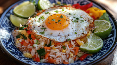 This vibrant plate features fried rice topped with a fried egg, complemented by fresh vegetables and lime, perfect for a delicious meal.の素材