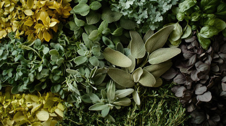 A vibrant top view of an assortment of fresh herbs showcasing their colors and textures, perfect for culinary applications and enhancing flavors in dishes.の素材