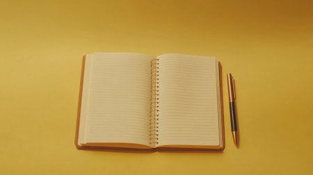 A minimalist styled lined notebook positioned on a vibrant yellow background, accompanied by a stylish pen. Ideal for concepts of creativity and organization.の素材