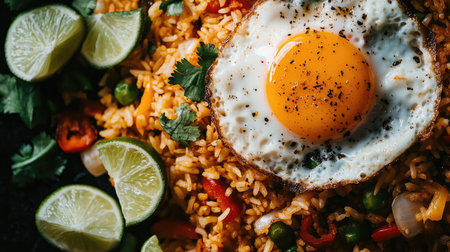 A vibrant close-up of flavorful fried rice topped with a perfectly cooked egg and garnished with fresh lime slices, showcasing a delicious meal option.の素材