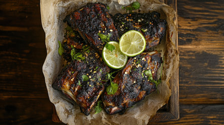 Indulge in delicious grilled pork ribs, garnished with fresh lime and herbs. A hearty serving that brings bold flavors and a rustic presentation perfect for any gathering.の素材