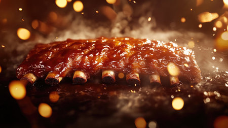 Experience the allure of mouth-watering barbecue ribs, glistening with savory sauce and surrounded by warm, smoky effects that enhance their delicious appeal.の素材