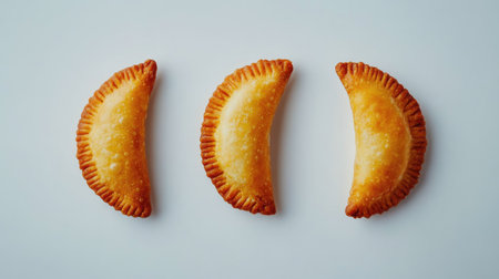 Three golden brown empanadas arranged on a white background, showcasing their crispy crust and savory filling, perfect for culinary photography or menu design.の素材