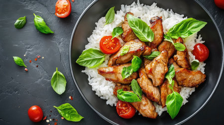 A stunning dish of stir-fried pork served on a bed of rice, garnished with fresh basil and cherry tomatoes, offering a vibrant and delicious dining experience.の素材