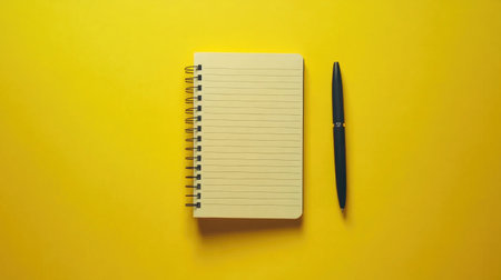 A simple and striking image of a blank lined notebook alongside a pen on a vibrant yellow background, ideal for creative and educational themes.の素材