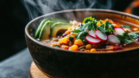 A steaming bowl of traditional Mexican pozole, topped with vibrant ingredients like cilantro, radish, and corn. Perfect for a hearty meal!の素材