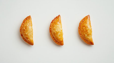 This image showcases a simple yet striking arrangement of three golden brown pastries. The details highlight the crispy texture and appetizing appeal, perfect for food photography.の素材