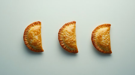 A visually appealing display of three golden brown pastries arranged on a soft surface, showcasing a delightful treat perfect for any culinary setting.の素材