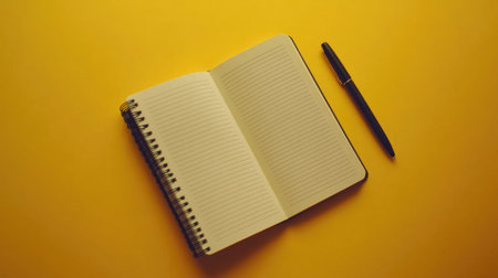 A vibrant yellow background showcases a blank notebook and a pen, ideal for creativity and productivity, perfect for various stationery and office themes.の素材