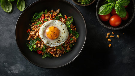 Enjoy a delectable dish of Thai stir-fried basil topped with a perfectly fried egg. A colorful and nutritious meal rich in flavors and fresh ingredients!の素材