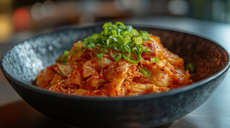 A vibrant bowl of fresh kimchi garnished with green onions, showcasing the deliciously spicy and tangy flavors of traditional Korean cuisine. Perfect for any meal.の素材