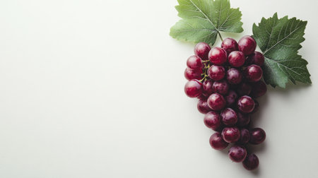 A visually appealing cluster of fresh red grapes complemented by lush green leaves. Perfect for food photography, healthy eating, or nature-themed projects.の素材