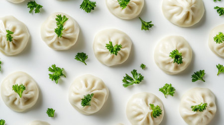 Explore a close-up view of visually appealing cooked dumplings garnished with fresh herbs, showcasing their delicate texture and appetizing presentation.の素材