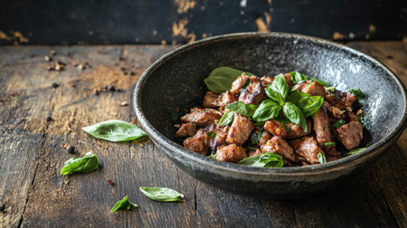A warm and inviting stir-fried pork dish garnished with fresh basil. The rustic wooden background enhances the vibrant colors and textures, making it a delectable visual treat. Perfect for sharing or showcasing culinary skills.の素材