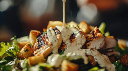 Close-up image of a delicious grilled chicken Caesar salad topped with creamy dressing and croutons. A vibrant and appetizing meal perfect for any occasion.の素材