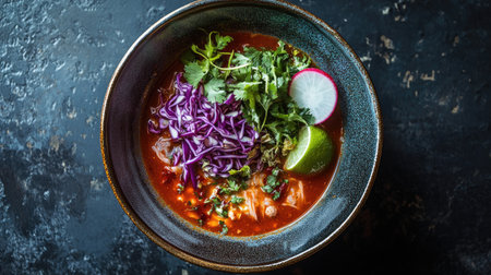 A vibrant bowl of Mexican pozole soup featuring fresh ingredients like cilantro, cabbage, radish, and lime, perfect for a colorful meal experience.の素材