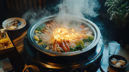 Experience the warmth of a beautifully lit hotpot filled with fresh seafood and vegetables. Ideal for sharing with friends and family in a cozy atmosphere.の素材