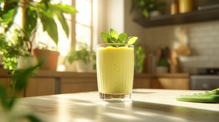 A refreshing creamy avocado smoothie garnished with fresh mint leaves, perfect for a healthy drink or snack. Brightly colored and full of nutritious ingredients, it brings a vibrant touch to any kitchen setting.の素材