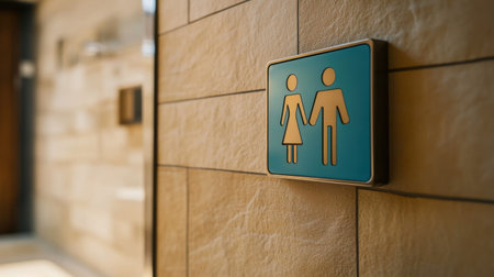 A detailed close-up shot of a restroom sign indicating shared facilities. The modern design combines aesthetics with functionality, enhancing the welcoming environment.の素材