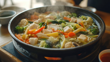 A vibrant hotpot filled with fresh vegetables and bubbling broth, perfect for sharing at a gathering. Ideal for any meal or festive occasion.の素材