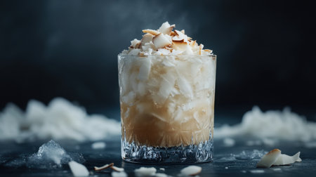 Enjoy a refreshing glass of iced coconut coffee topped with toasted flakes. This delightful beverage boasts a creamy texture and tropical flavors, perfect for any occasion.の素材