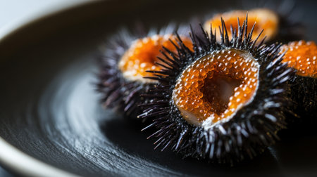 Captivating close-up of a sea urchin showcasing its vibrant orange interior. Perfect for culinary, marine, or nature-themed projects, highlighting unique textures.の素材