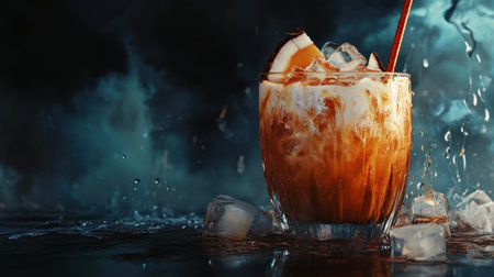 Enjoy a refreshing coconut iced coffee served in a glass filled with ice cubes. Perfect for hot days, this creamy beverage offers a delightful taste experience.の素材