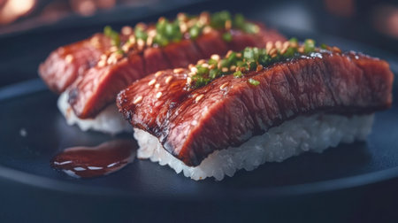 Experience the allure of wagyu sushi nigiri in this close-up image. The luscious beef glistens atop perfectly seasoned rice, creating a stunning culinary masterpiece.の素材