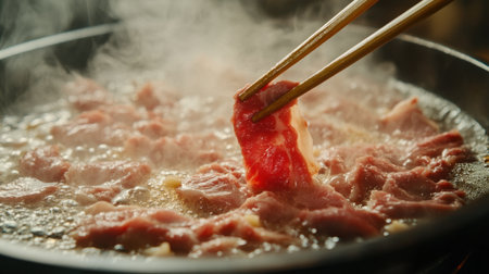 A close-up of thin slices of beef being held by chopsticks while cooking in a steaming hot broth, highlighting the culinary experience in Asian cuisine.の素材