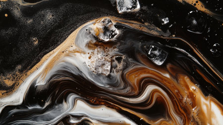 Close-up view of iced coffee with visible ice cubes, showcasing the rich texture and swirling colors of the beverage, perfect for food and drink photography.の素材