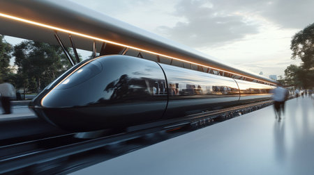 A dramatic close-up view of a high-speed train at a modern station, showcasing its sleek design and vibrant reflections in the evening light, symbolizing advanced transportation.の素材