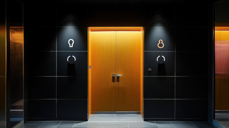 A stylish restroom door featuring a wooden finish and modern symbols. The well-lit entrance creates an inviting atmosphere in contemporary architecture.の素材