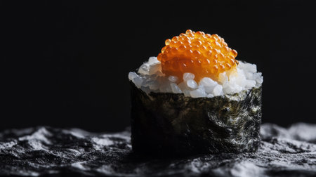 A stunning image of fresh uni sushi presented against a dark background, showcasing the vibrant orange hue of the caviar and the delicate textures of rice and seaweed.の素材
