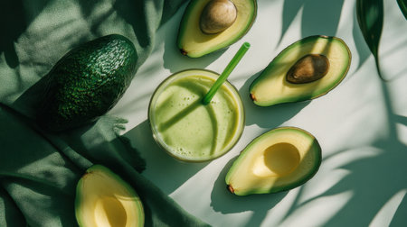A vibrant avocado smoothie served in a clear cup, surrounded by fresh avocado halves. Perfect for a healthy lifestyle and refreshing moments.の素材