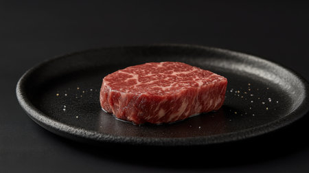 A high contrast image of a premium Wagyu steak displayed on a sleek black plate. The marbled texture highlights the quality and elegance of this gourmet meat.の素材