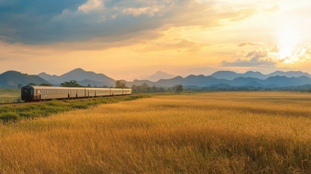 A stunning panoramic view of a medium-speed train passing through scenic landscapes, featuring vibrant fields, mountains, and a beautiful sunset. Ideal for travel themes.の素材
